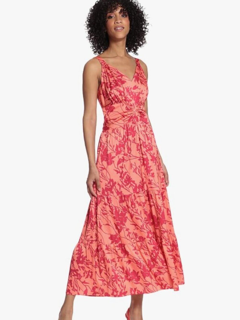 Maggy London Coral & Hot Pink Floral Ruched Maxi Dress - Size 12